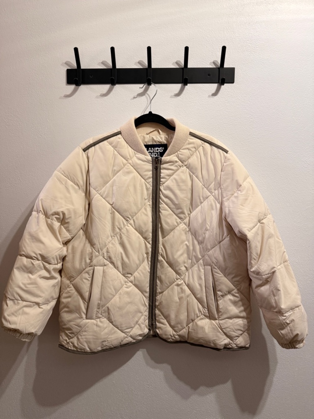Lands' End Cream Quilted Bomber Jacket with Rib Trim